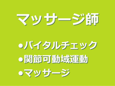 マッサージ師　・バイタルチェック・関節可動域運動・マッサージ